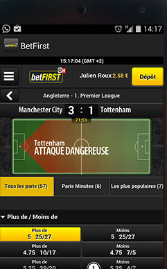 betFIRST Play by Play Capture d'écran de la fonction Play by Play de l'application betFIRST